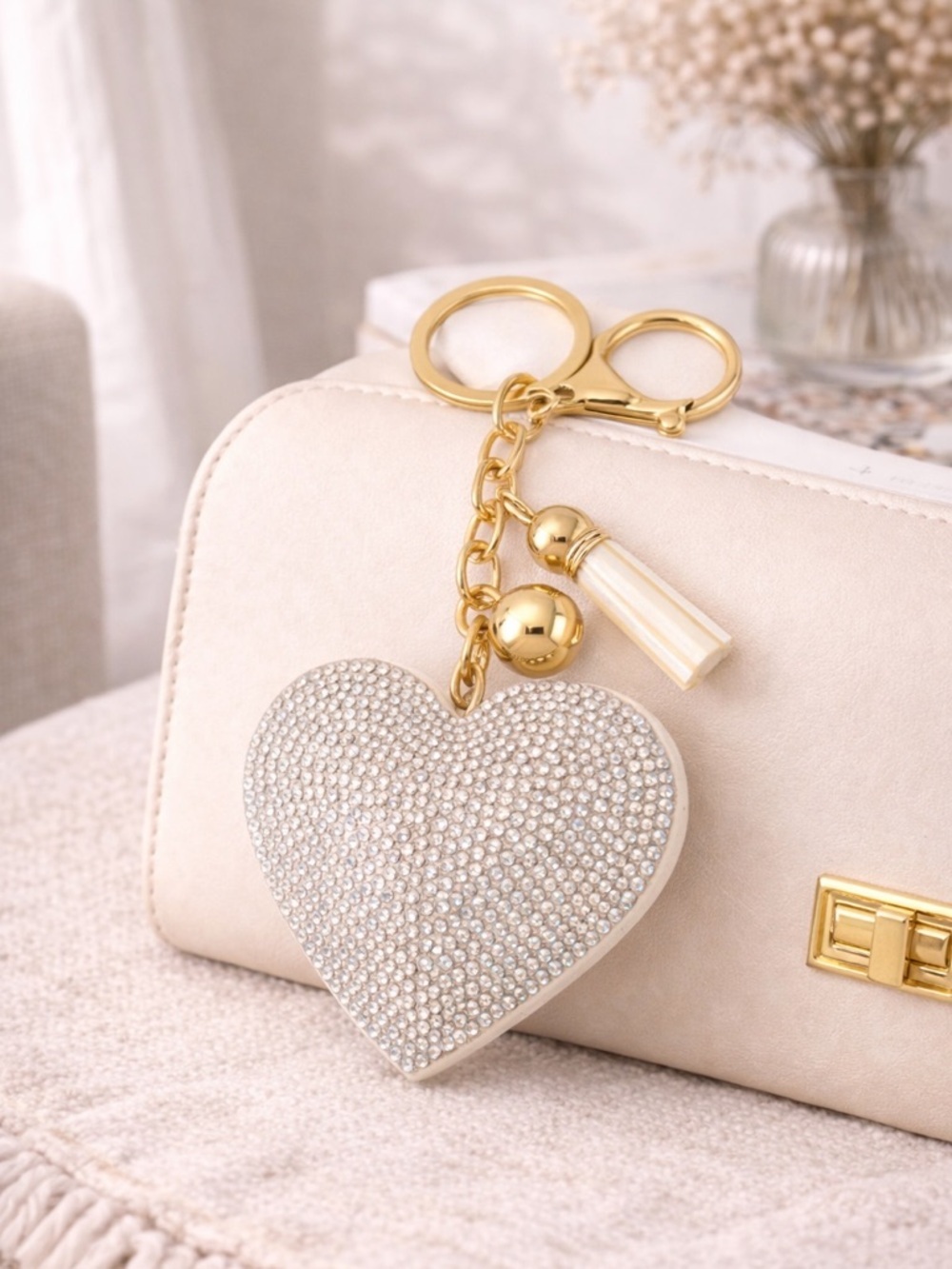 Iridescent Rhinestone Heart Keychain Charm White Tassel Purse Bag Charm New